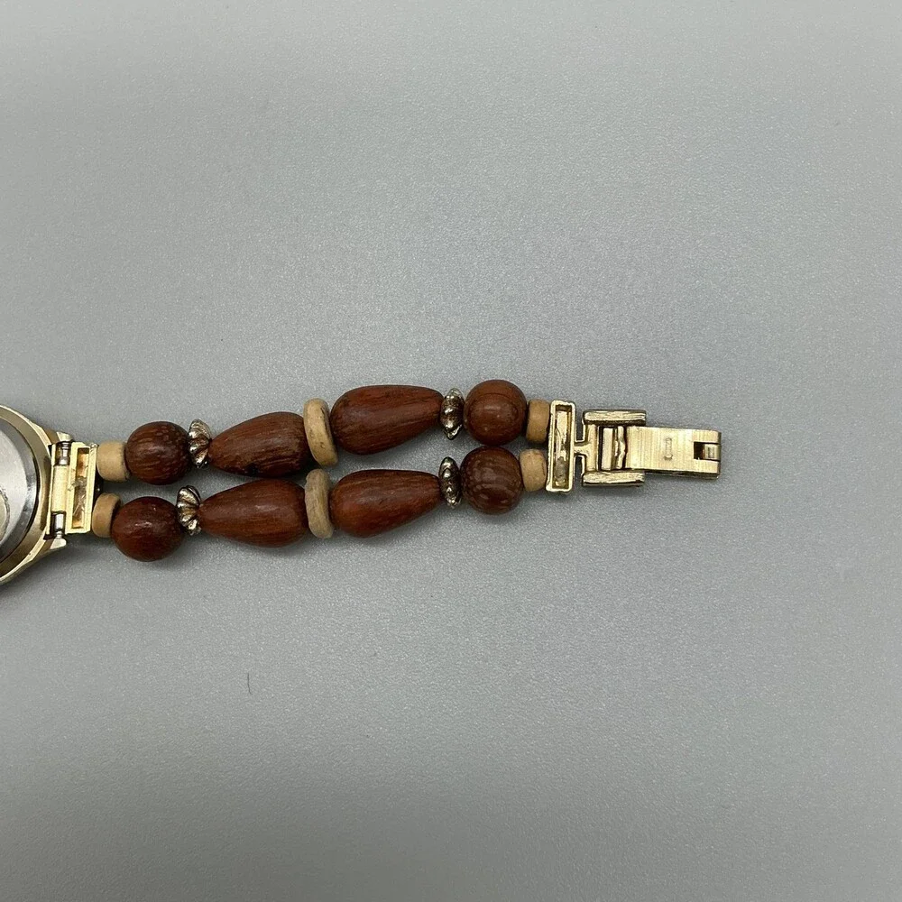 Express Womens Watch 24mm Brown Dial Wood Bead Bracelet New Battery